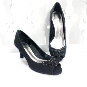 CAPARROSOS Shoes Peep Open Toe Heels Black Jewel Accent 8 1/2 M